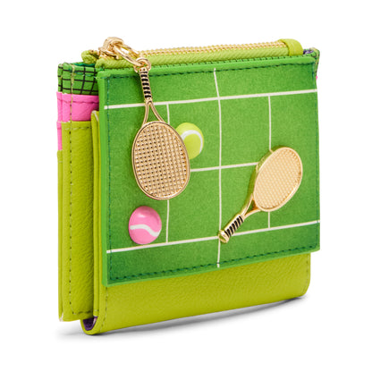 Green wallet with tennis racket and ball decorations on a white background