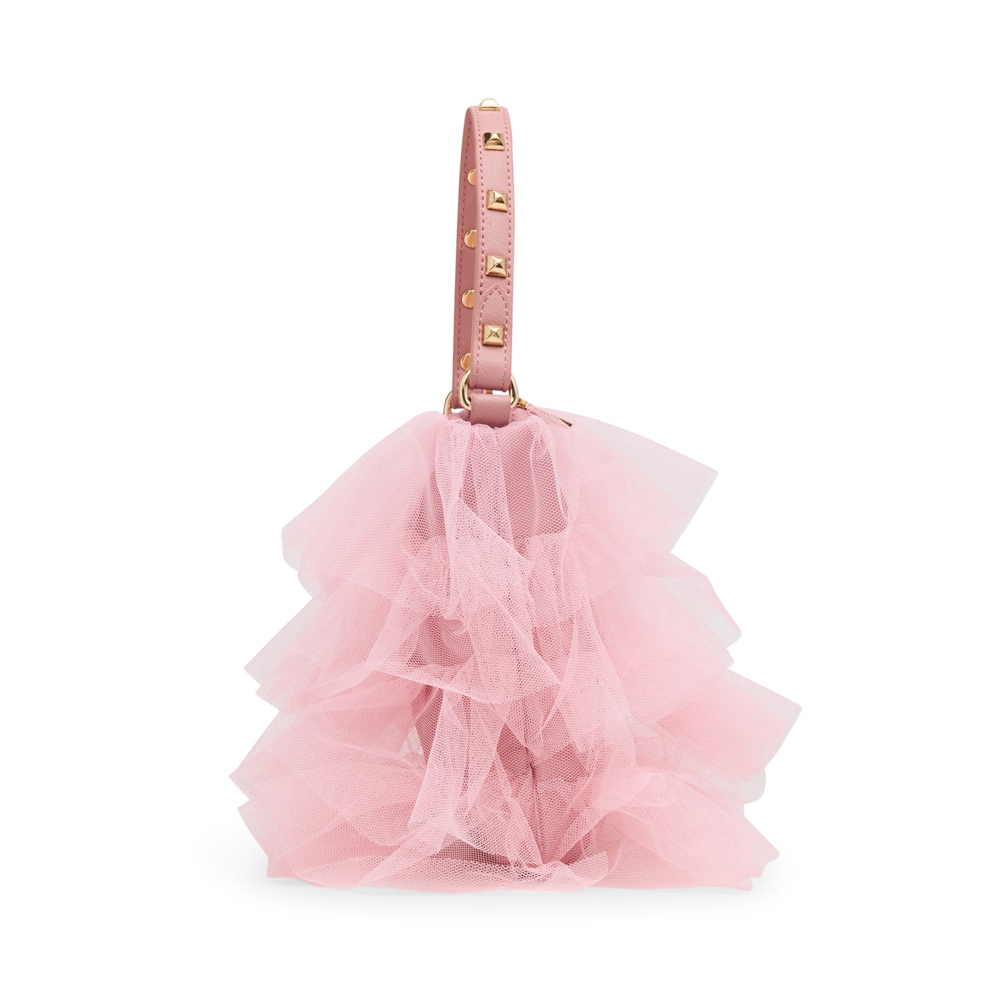 Pink ruffled handbag with gold studs on a white background