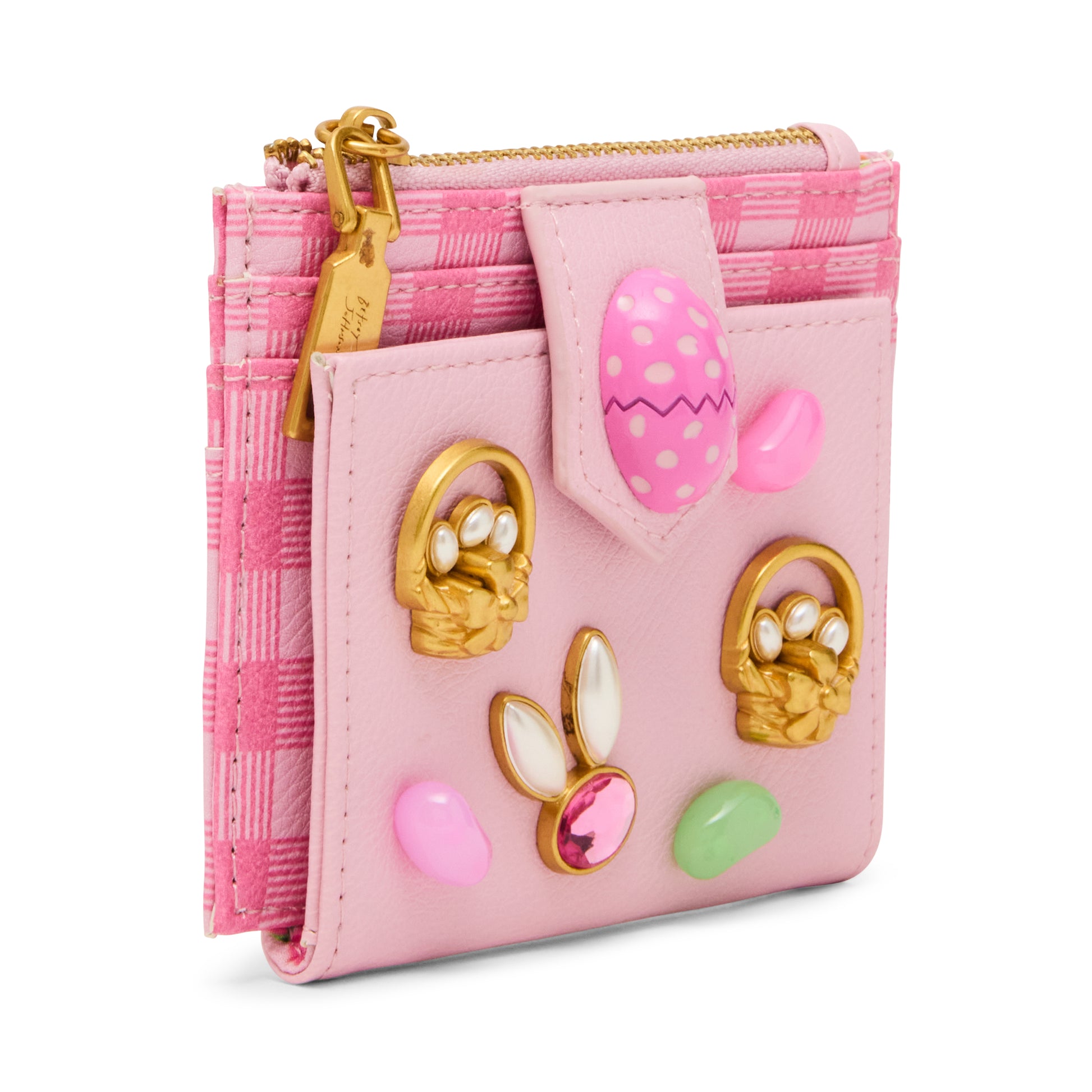 Pink wallet with Easter-themed decorations on a white background