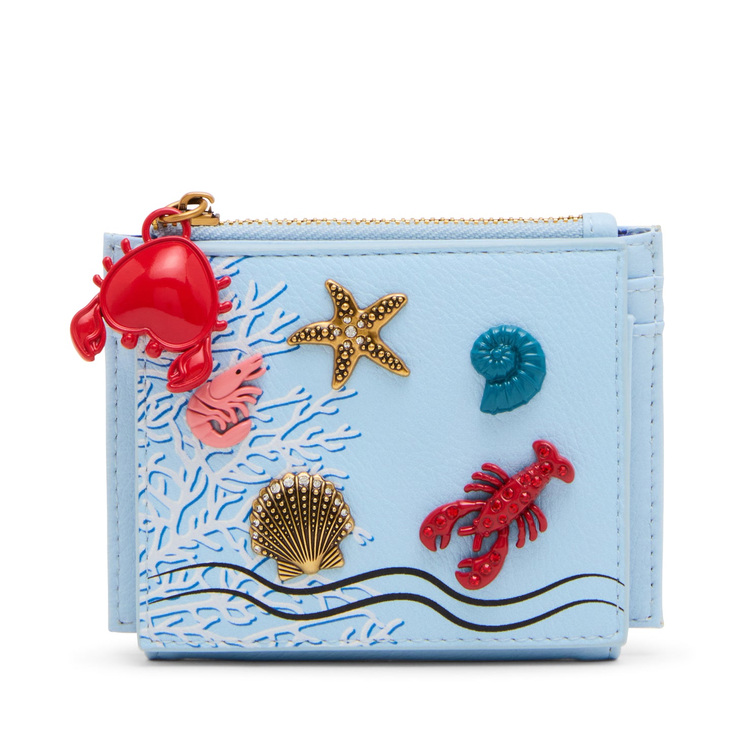 Light blue pouch with ocean-themed decorations including red lobsters, a starfish, and shells on a white background.