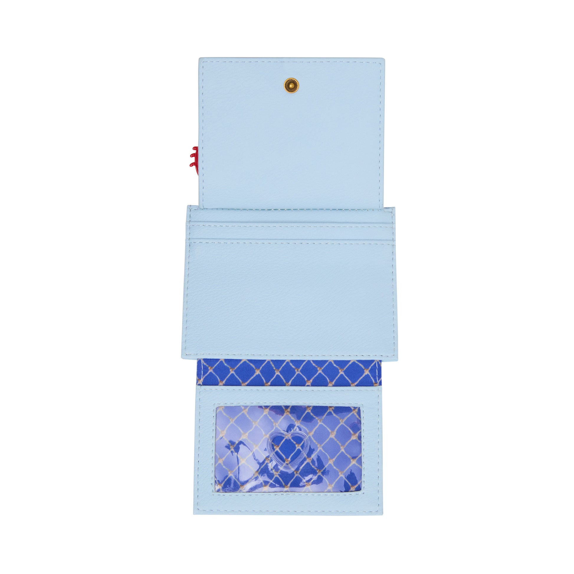 Light blue cardholder with a windowed pocket on a white background