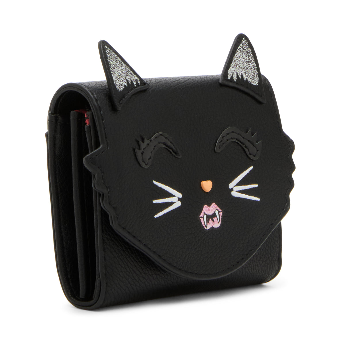 A black faux-leather bi-fold wallet designed like a cat face, featuring raised black cat ears with glittery silver interiors, embroidered white whiskers, a small orange nose, and pink lips.