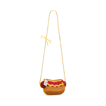 hot dog bun purse with mustard and ketchup on a white background