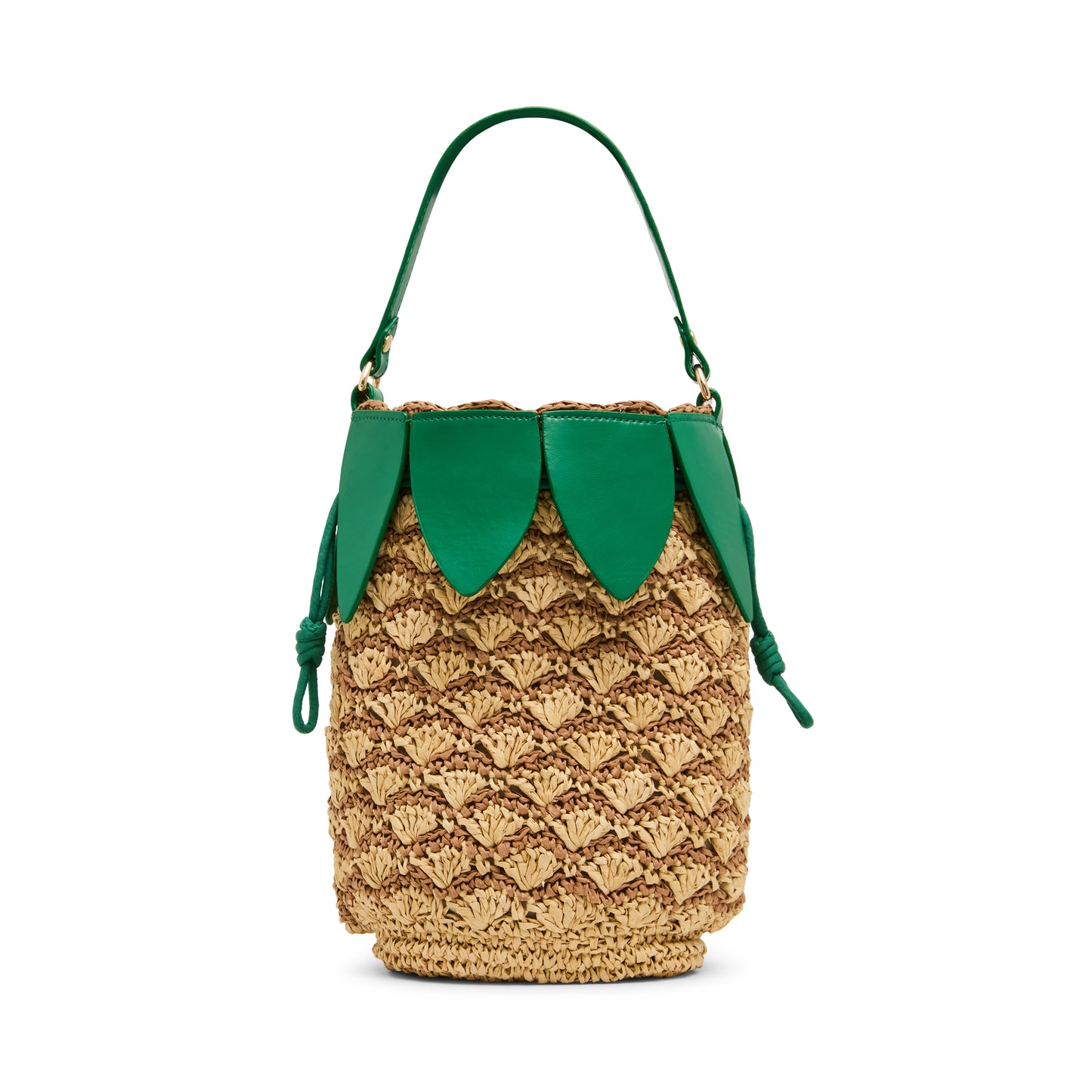 Pineapple-shaped handbag with green top and brown body on a white background