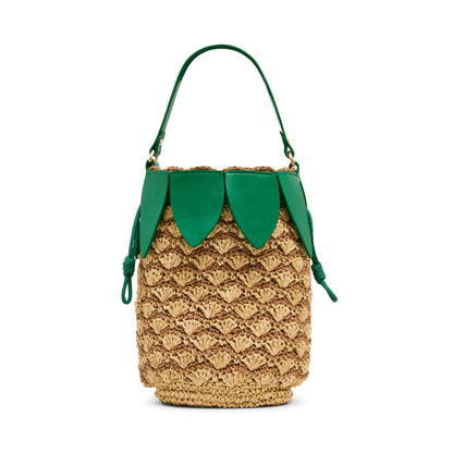 Pineapple-shaped handbag with green top and brown body on a white background