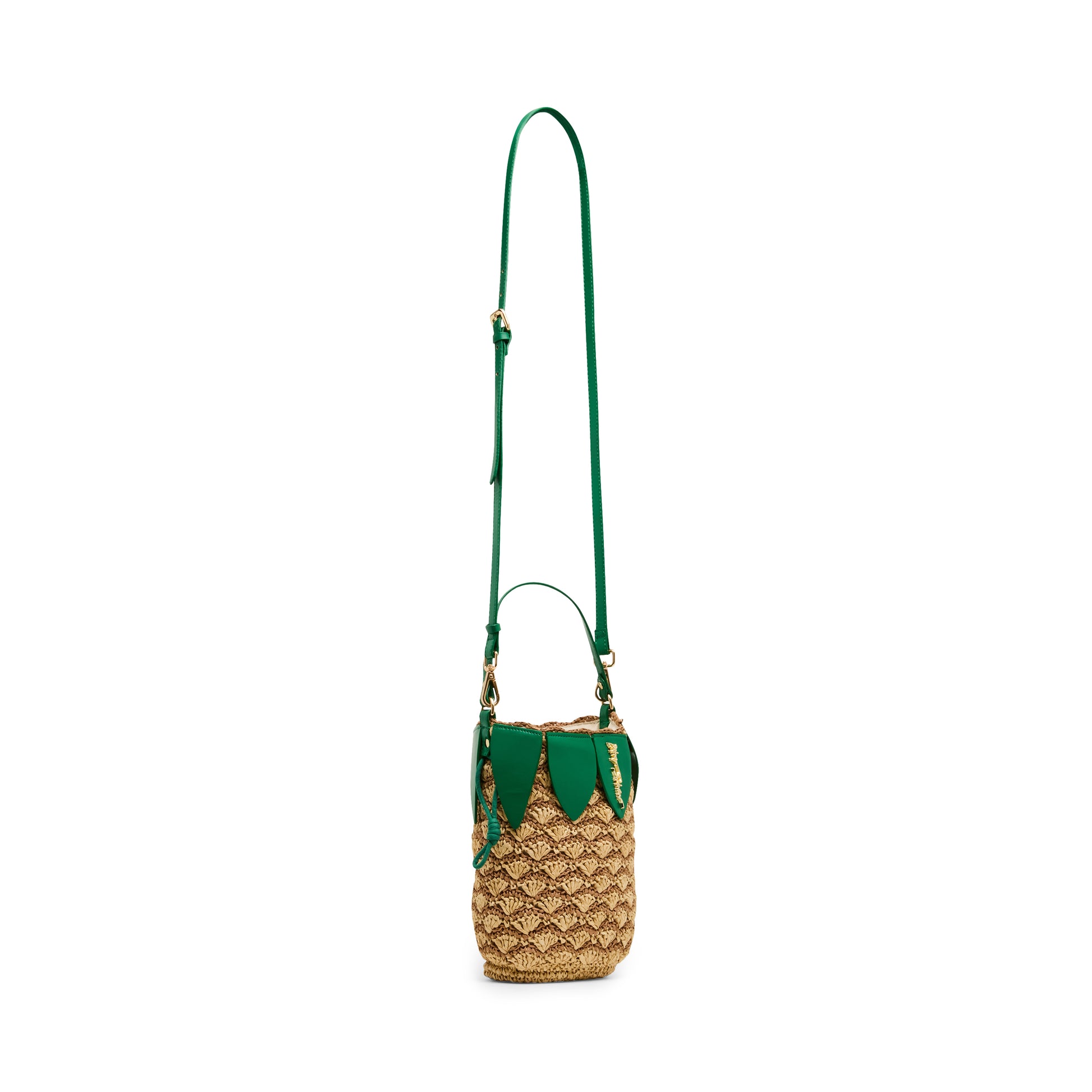 Pineapple-shaped handbag with green strap on a white background