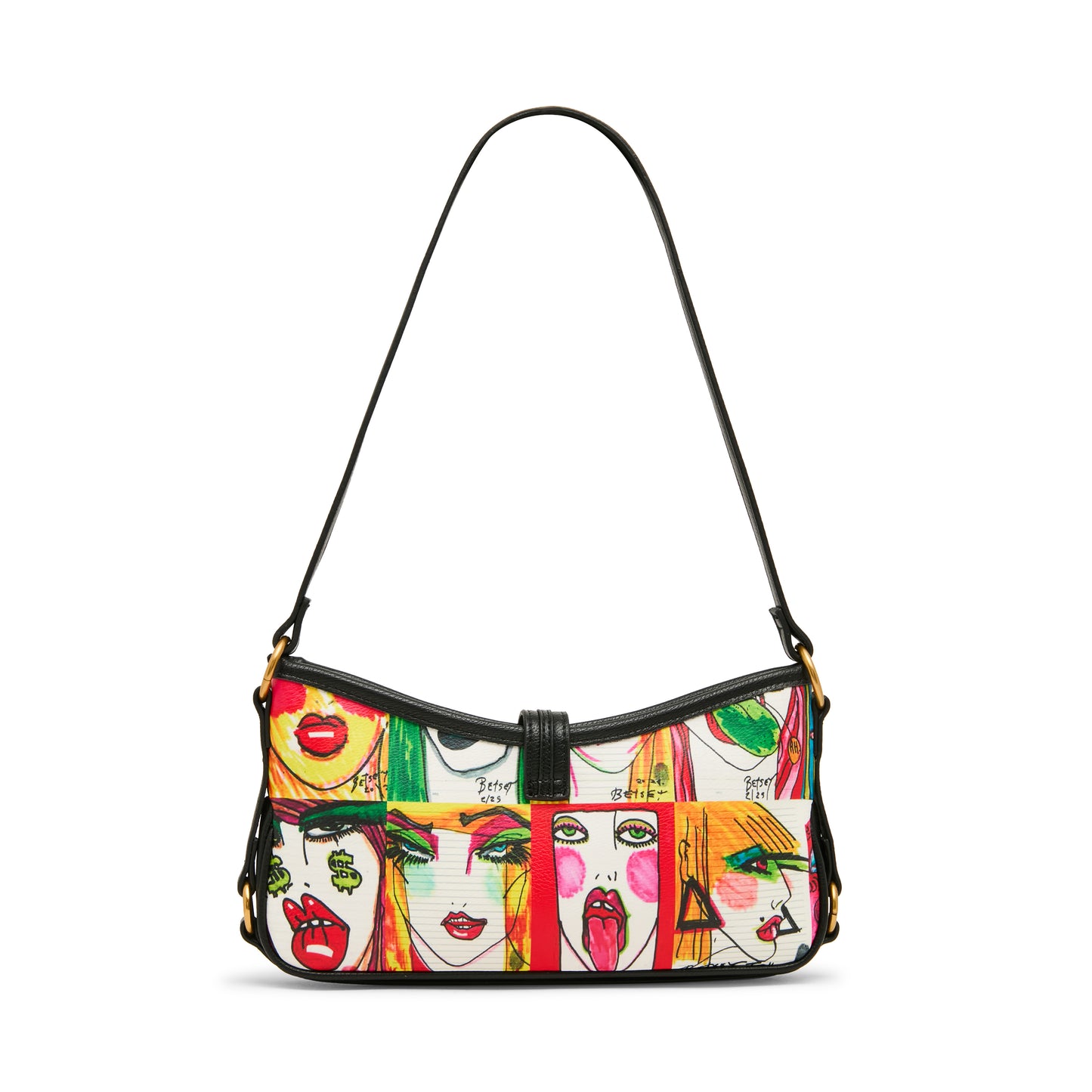 Colorful handbag with artistic face designs on a white background