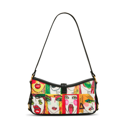 Colorful handbag with artistic face designs on a white background
