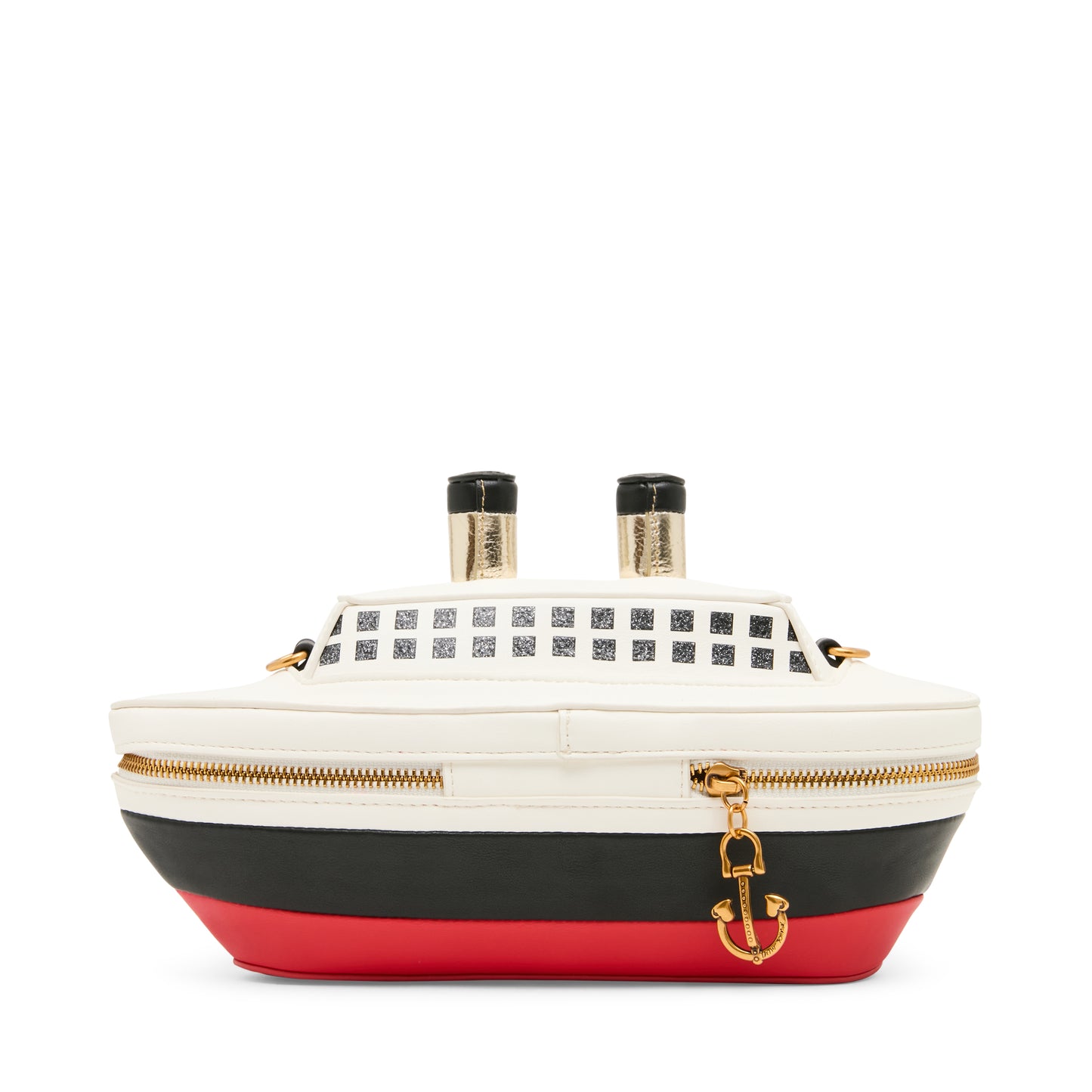 Ship-shaped handbag with a gold anchor detail on a white background