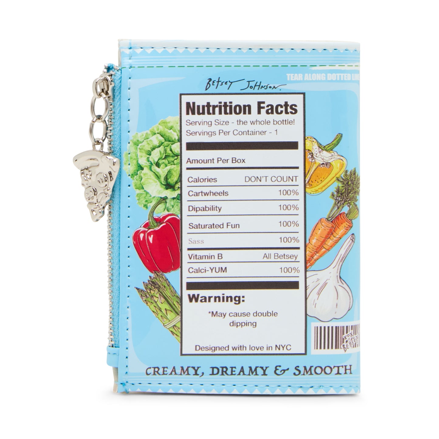 Nutrition facts label on a product packaging with colorful graphics and text.