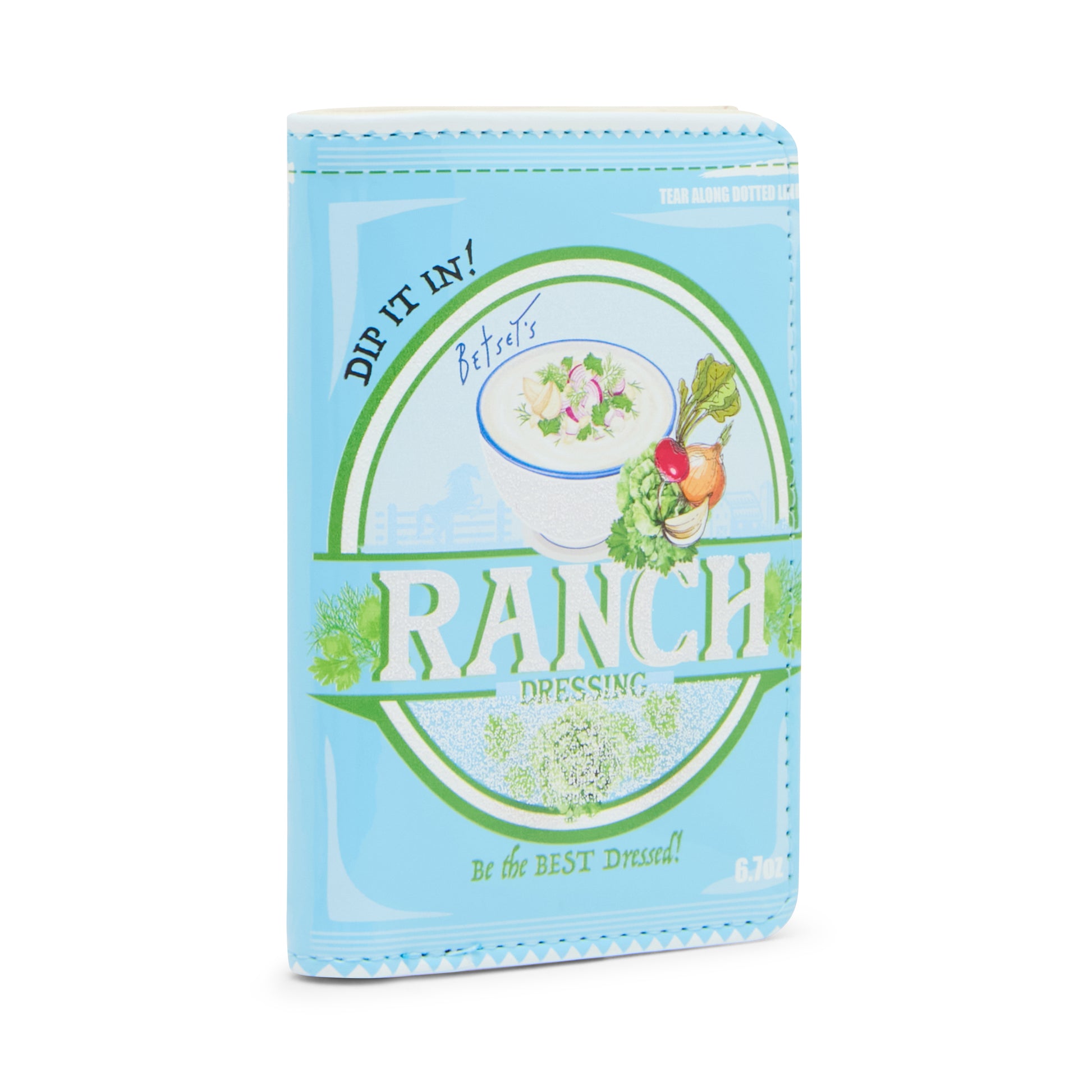 Ranch dressing packet design on a blue background