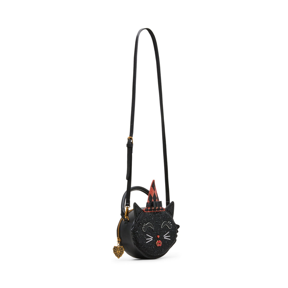 A black cat-shaped crossbody bag with a long strap, featuring embroidered cat face details, a small red bow on top, and a dangling gold heart charm, shown against a plain white background.