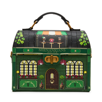 Shaped like a pub with 'Shenanigans Irish Pub' text, featuring a green facade and black roof.
