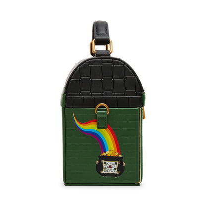 Green bag with rainbow and pot of gold design on a white background