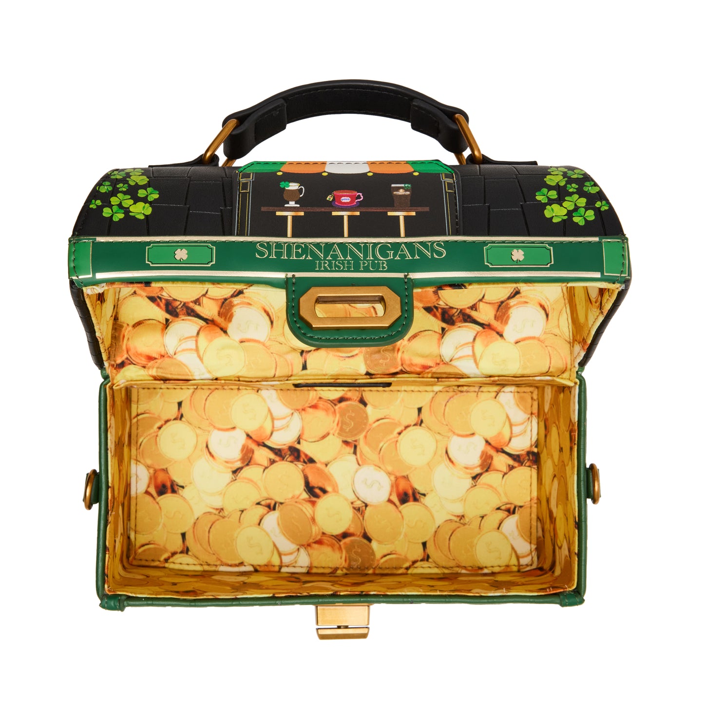 Decorative suitcase with 'Shenanigans Irish Pub' branding filled with coins on a white background
