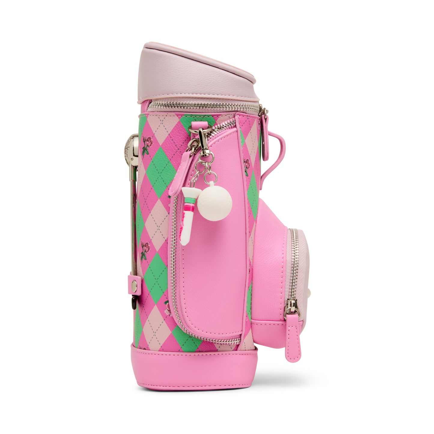 Pink and green argyle patterned golf bag on a white background