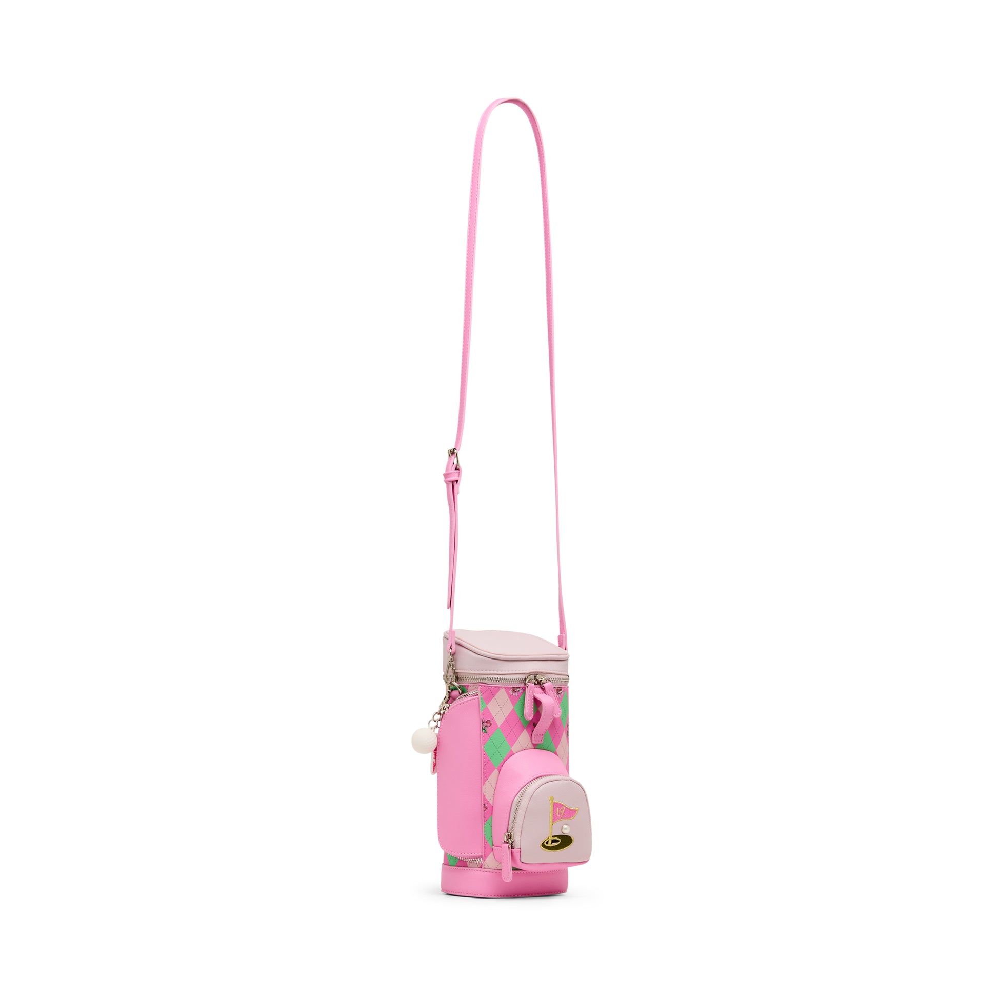 Pink golf bag with a strap on a white background