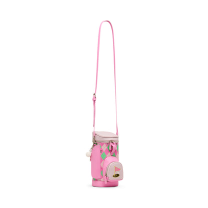 Pink golf bag with a strap on a white background