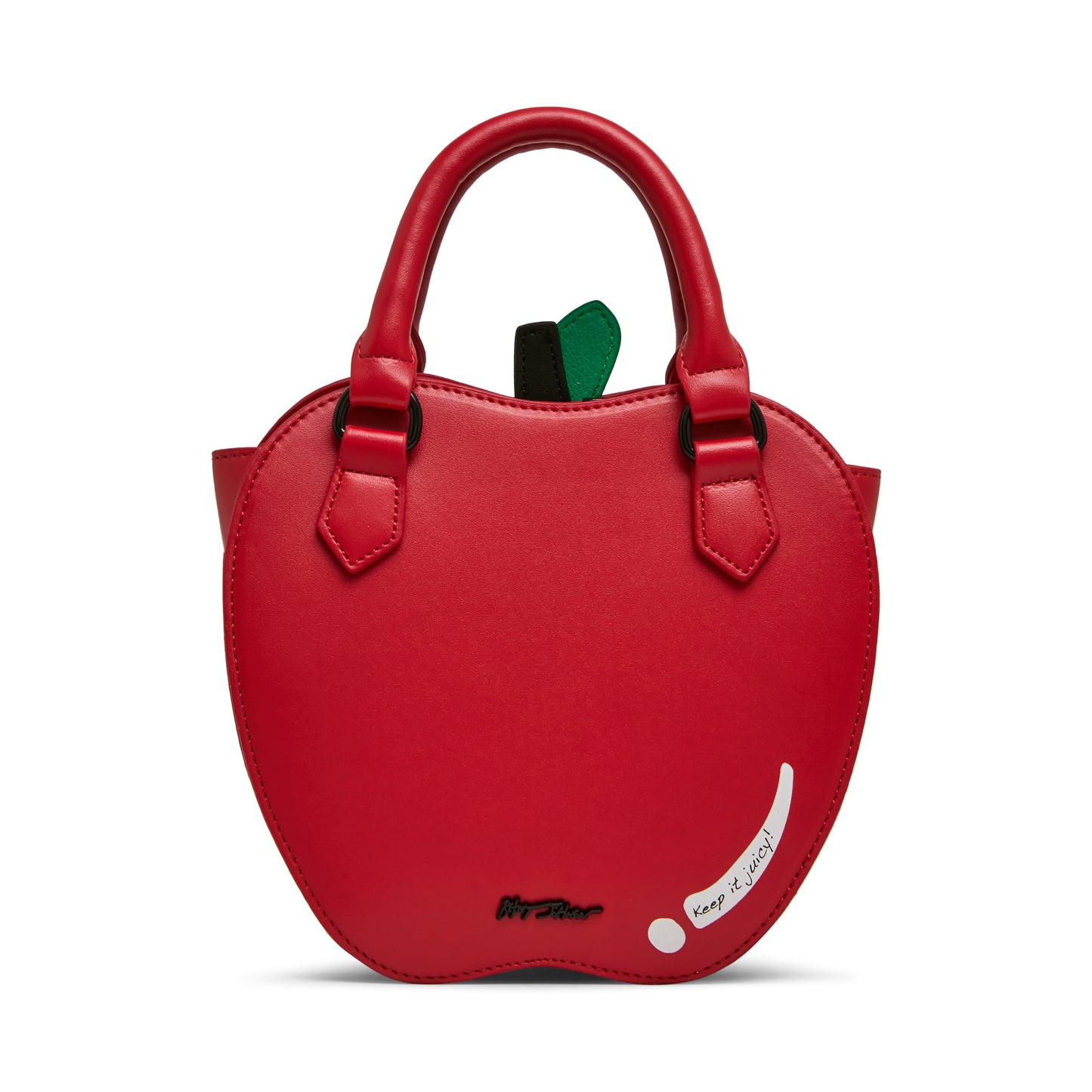 Red apple-shaped handbag with a green stem on a white background