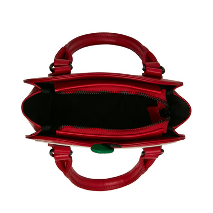 Red handbag with a green tag on a white background
