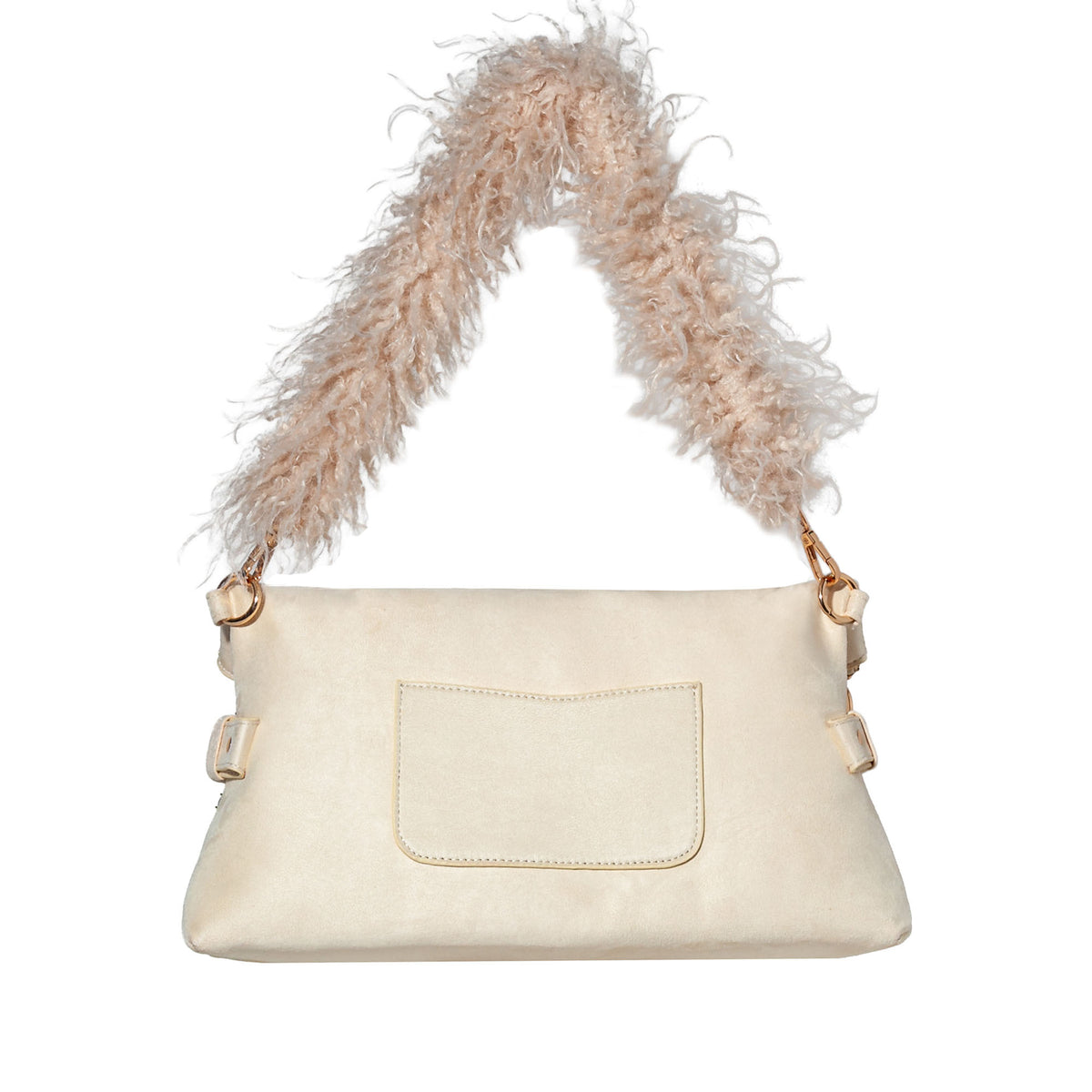 Cream-colored handbag with feathered handle on a white background