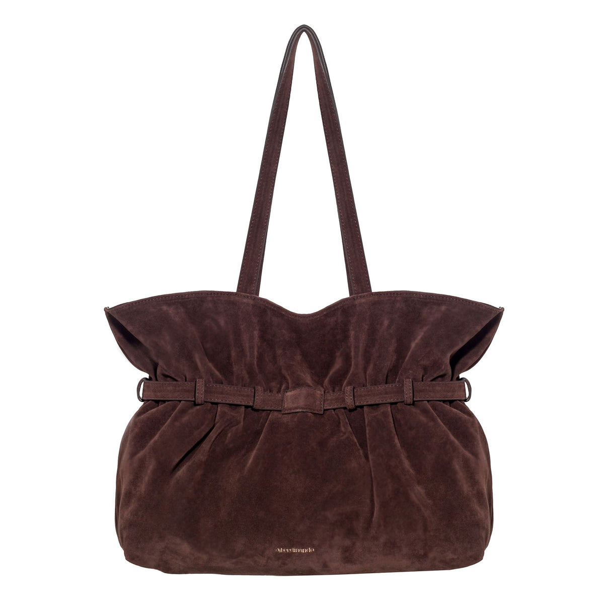 Brown velvet handbag with a belt detail on a white background