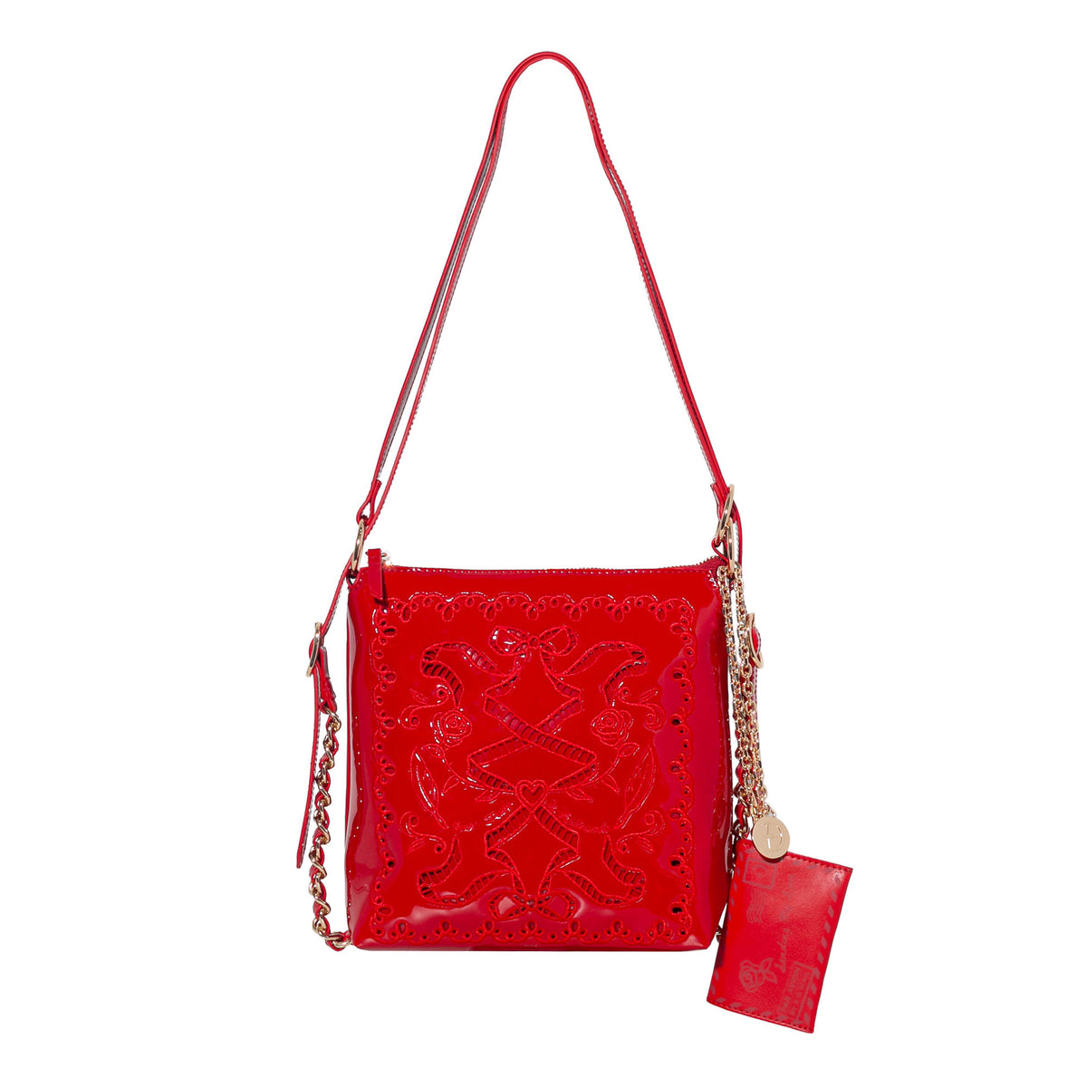 Red handbag with intricate design on a white background