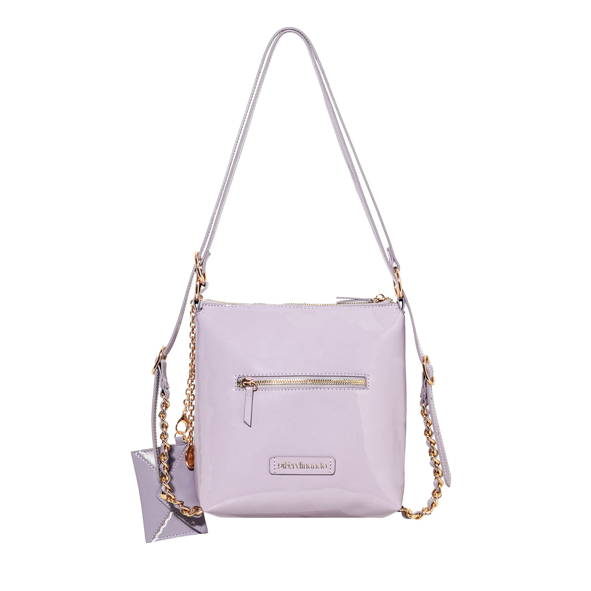 Lavender handbag with gold chain detail on a white background