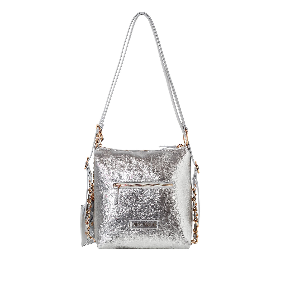 A metallic silver shoulder bag with a textured finish, featuring a front zippered pocket, a silver shoulder strap, and a gold-tone chain detail on the sides, shown against a plain white background.