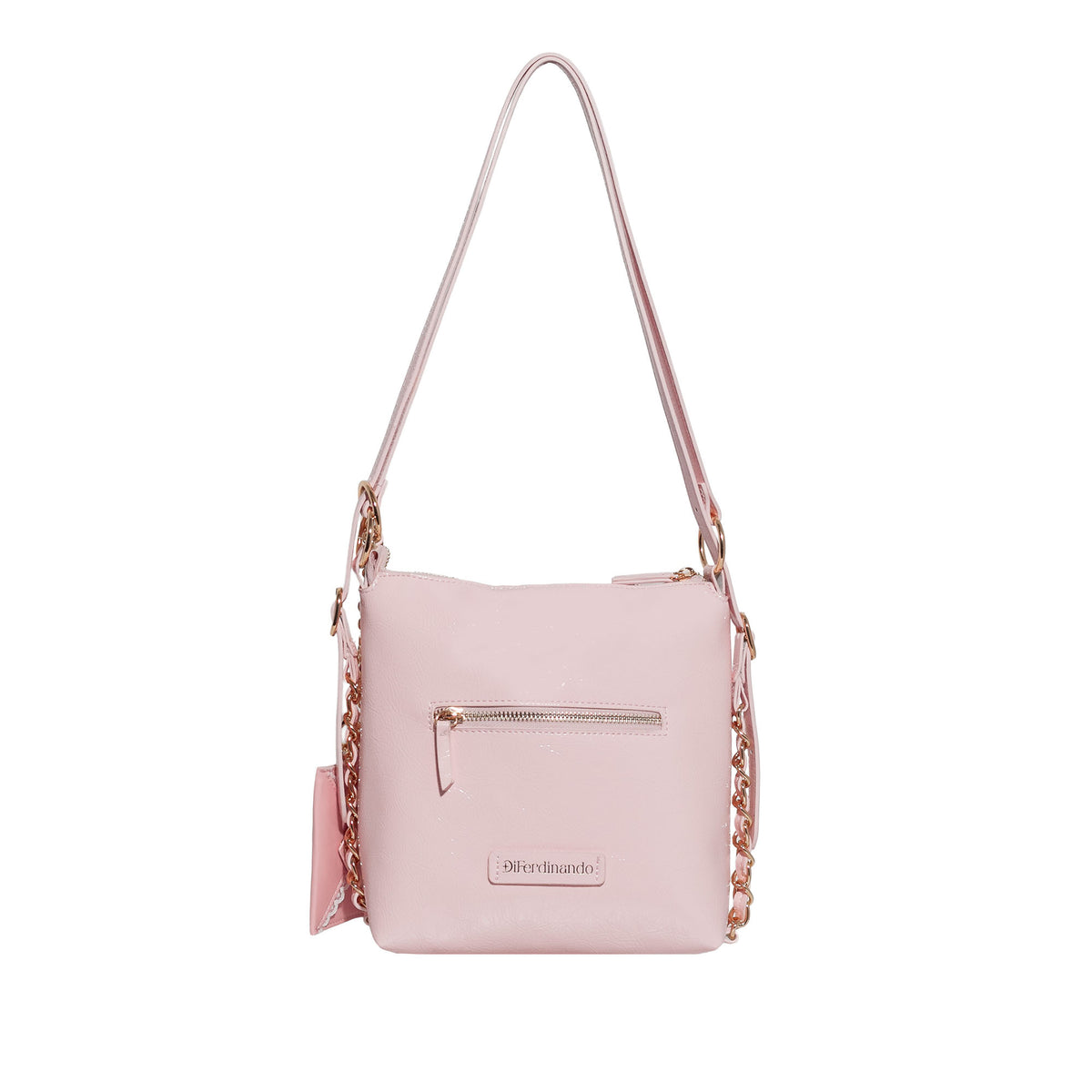 A light pink shoulder bag with a gold-tone chain strap and a small front zip pocket, shown against a plain white background.
