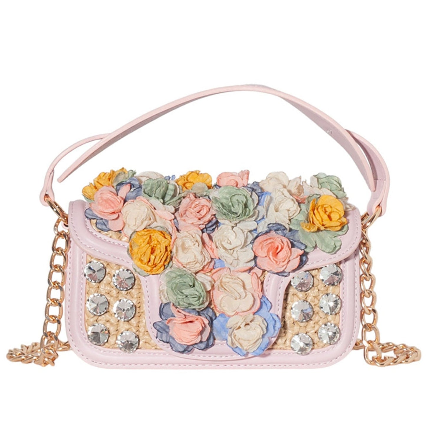 Pink handbag with floral embellishments and a chain strap on a white background