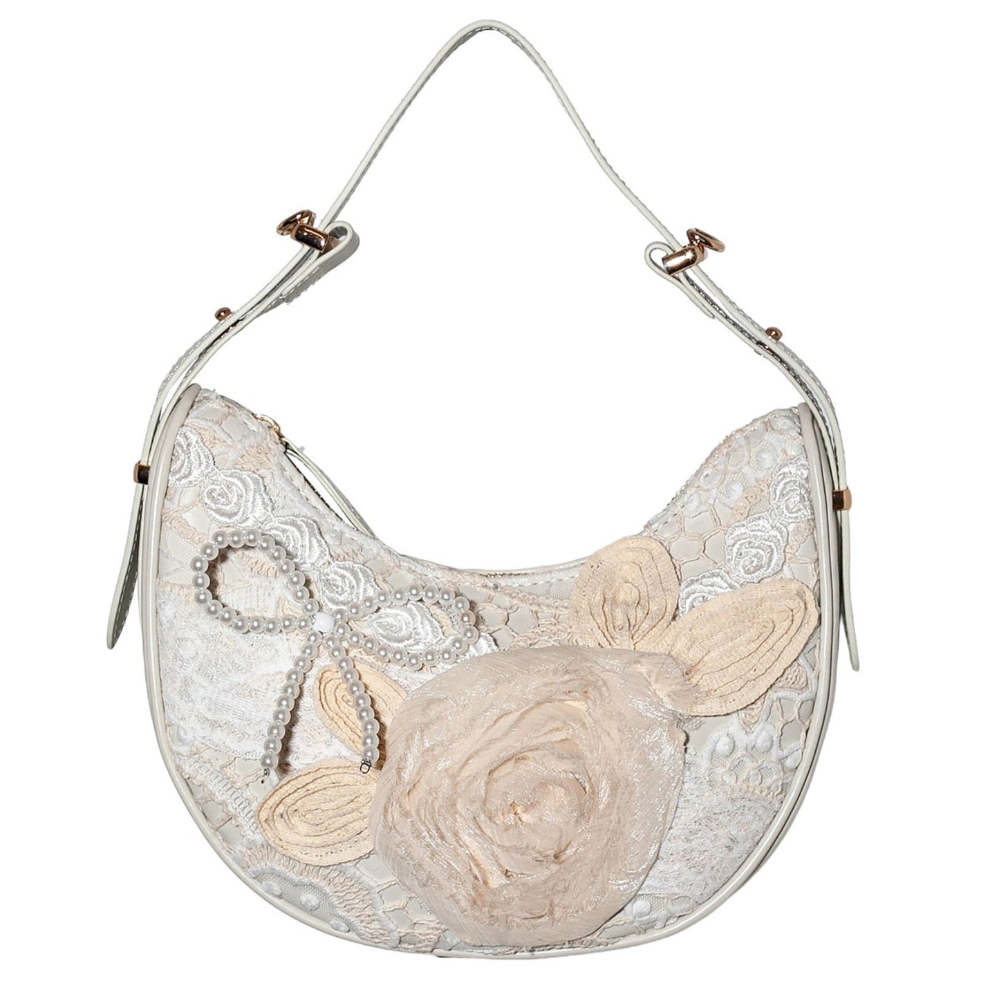 Handbag with floral design and lace details on a white background