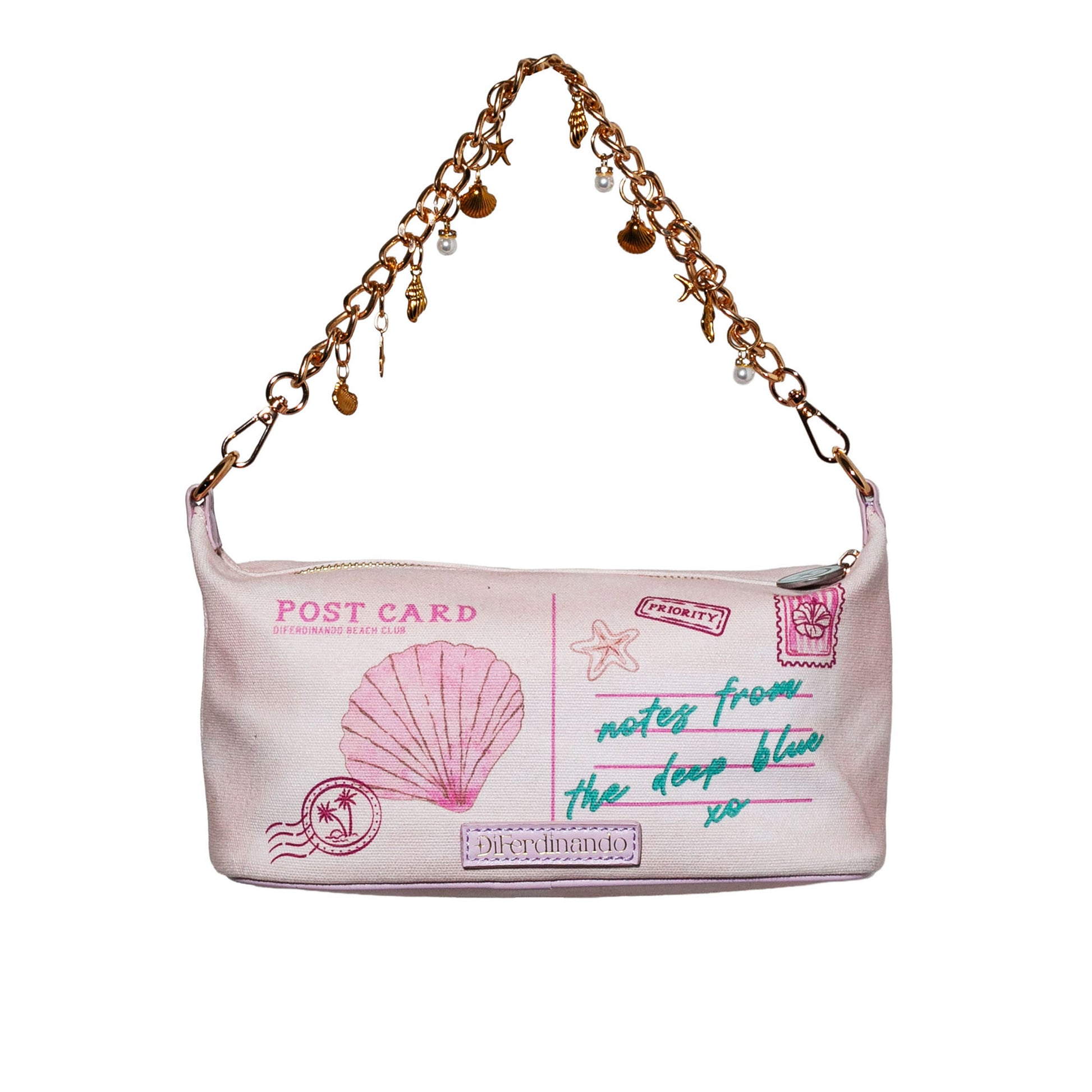 Handbag with 'Postcard' design and chain handle on a white background