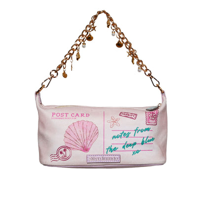 Handbag with 'Postcard' design and chain handle on a white background
