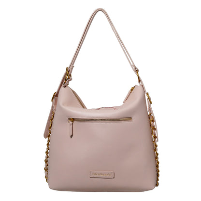 Pink handbag with gold chain details on a white background