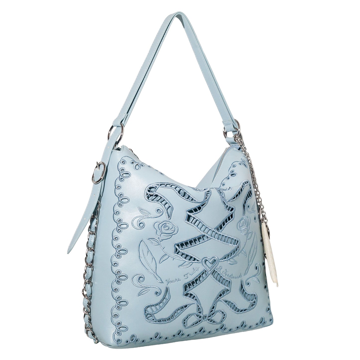 Light blue handbag with decorative patterns on a white background